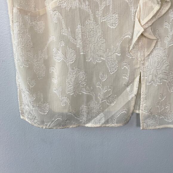 Pleione Cream Empire Waist Blouse V-Neck Ruffle Front Textured Floral Size L - Picture 7 of 10